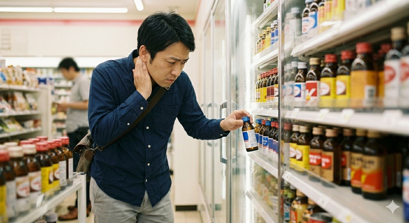 コンビニで栄養ドリンクを選ぶ